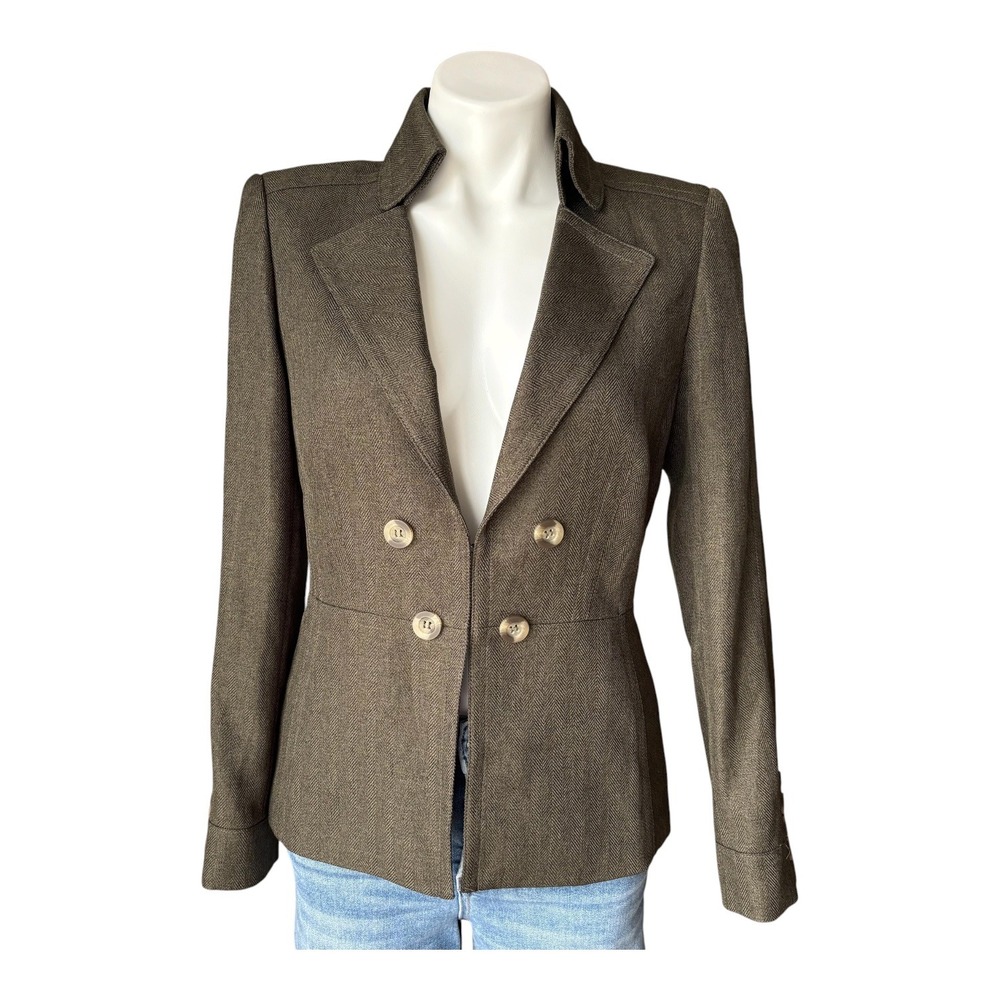 Antonia Melani Olive Green Double Breasted High Collar Tailored Blazer Size 6
